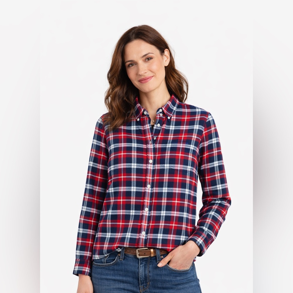 L.L.Bean Scotch Plaid Flannel Shirt Red Navy Cotton Women’s L